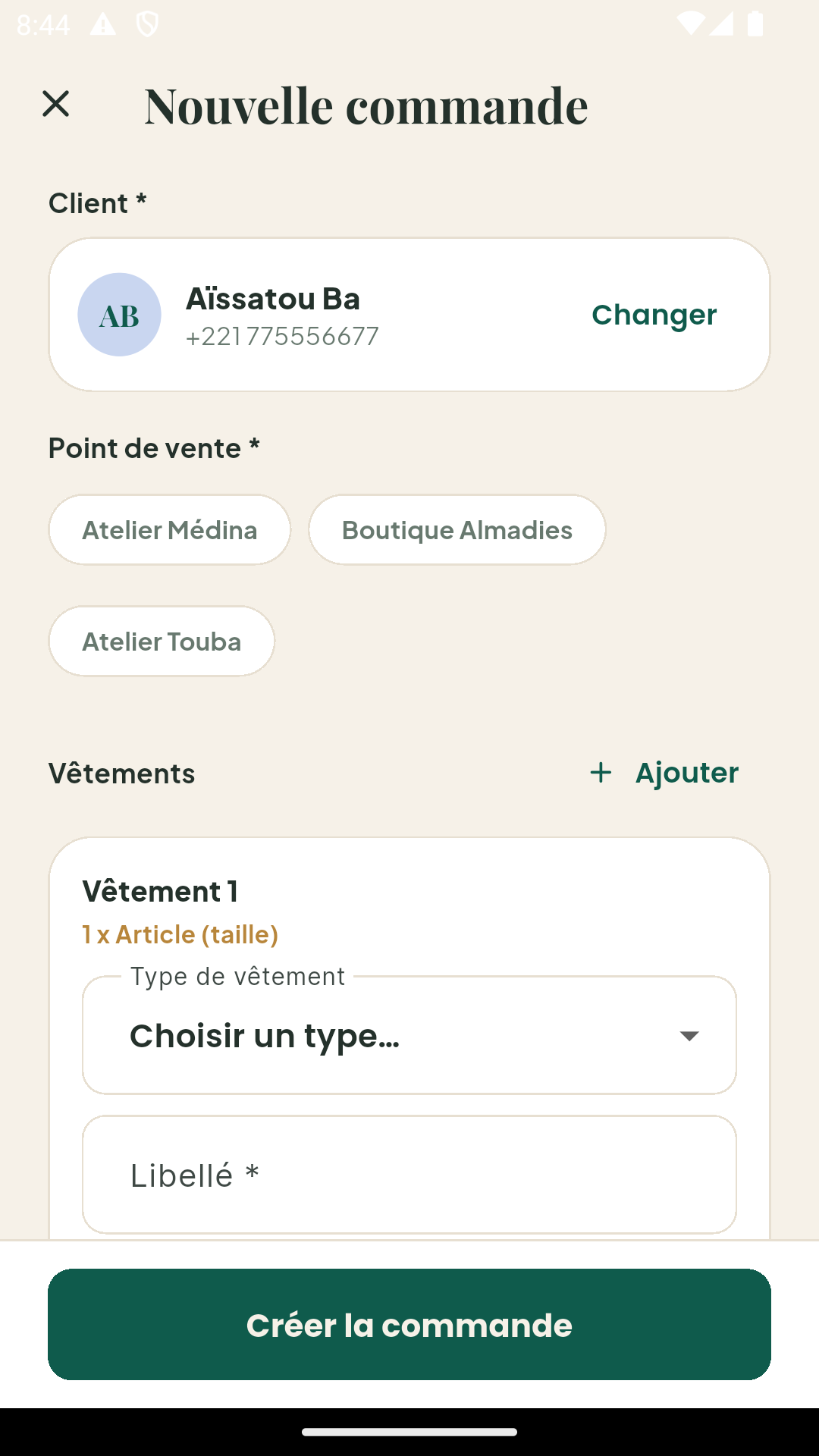 Formulaire de commande